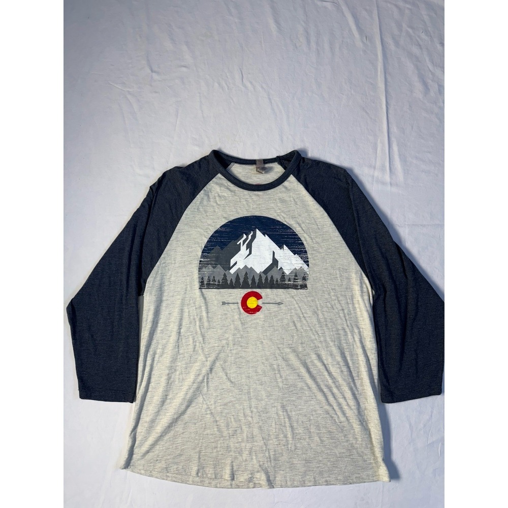 Soft Gray Raglan 3/4 Sleeve Colorado Mountains Sunset Flag CO Shirt, Women's XL